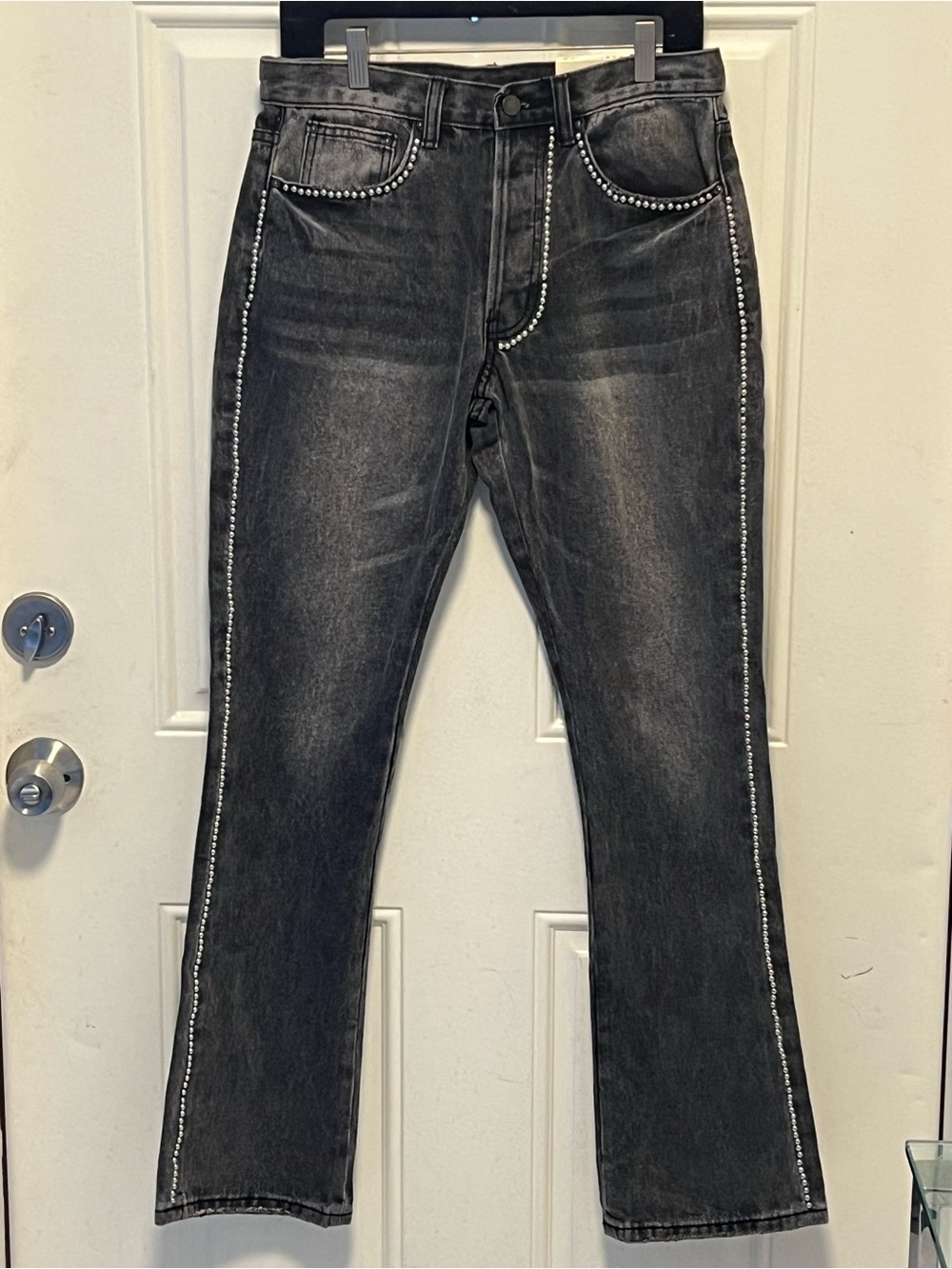MNML Black Washed Flare Jeans with Rhinestone Trim